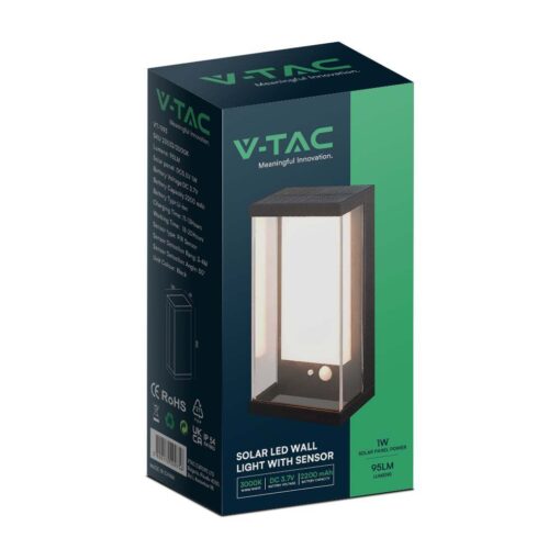 Ηλιακό Φωτιστικό Τοίχου LED 1W Μαύρο Θερμό 3000K με Ανιχνευτή Κίνησης IP54 V-TAC – 23032