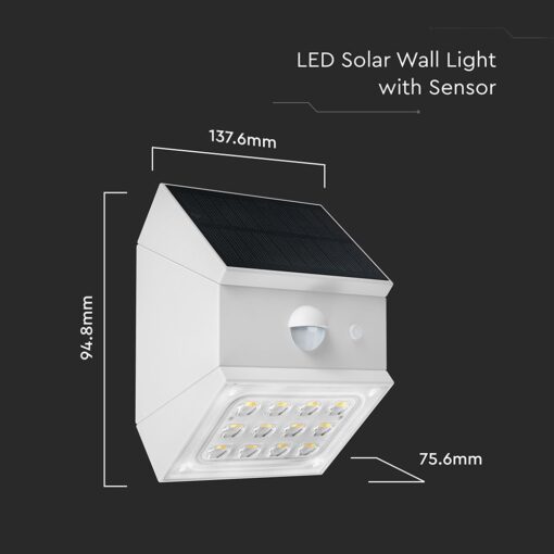 2.5W LED Ηλιακό Φωτιστικό Τοίχου Λευκό με Ανιχνευτή Κίνησης CCT  IP65 V-TAC – 24097