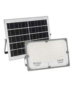 GLOBOSTAR® LUMOVOX 73068 Προβολέας LED 200W 10000lm 120° DC 5V με Φωτοβολταϊκό Panel 5V 12W & Επαναφορτιζόμενη Μπαταρία Li-ion 3.2V 10000mAh Αδιάβροχο IP67 Ψυχρό Λευκό 6000K – 180 x SMD2835 Sanan Chip – Γκρι Ανθρακί – Μ29.5 x Π5.5 x Υ19cm – 2 Χρόνια Εγγύηση