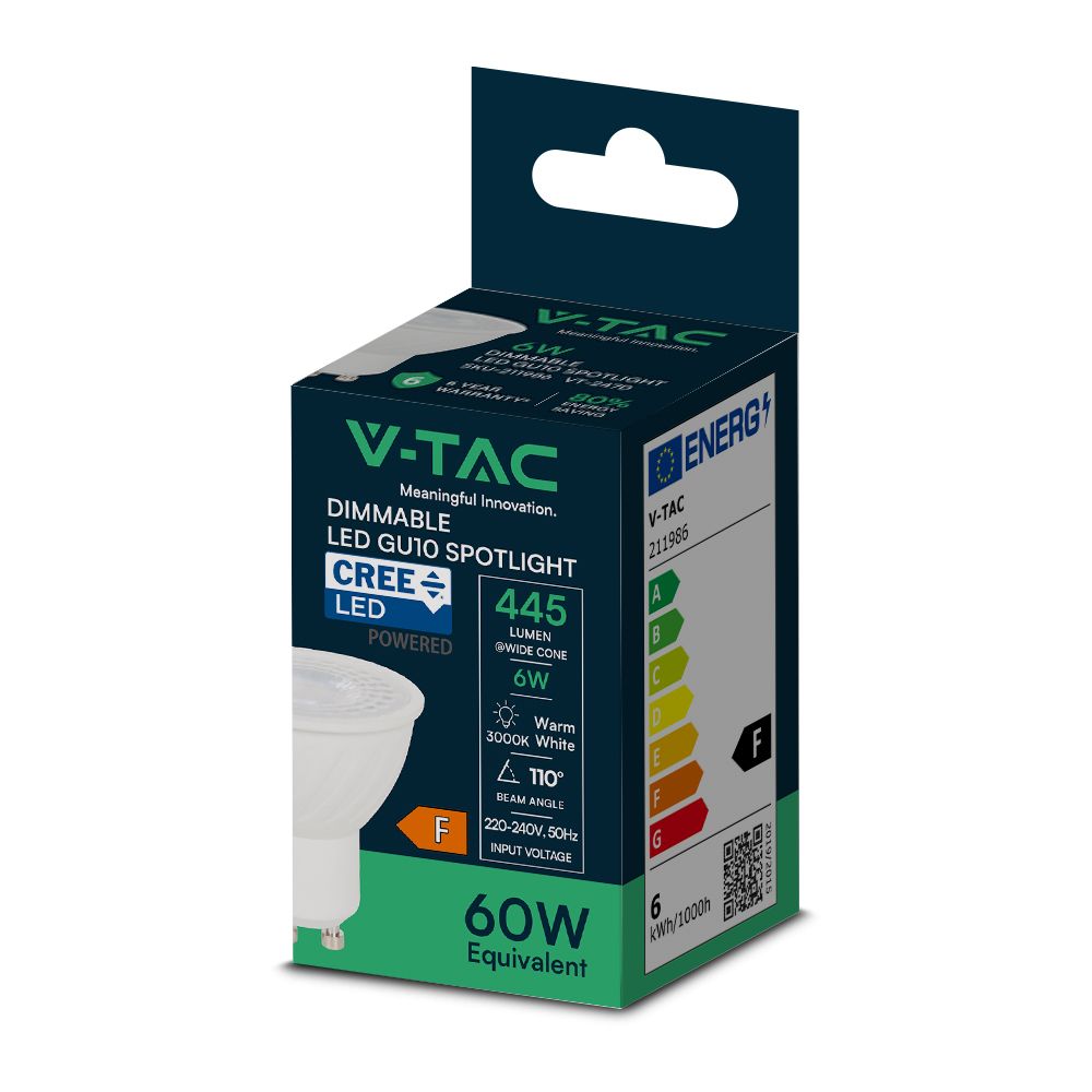 V-TAC – 211986 LED Λάμπα GU10 Cree Chip 6W Dimmable 110° 445lm Θερμό Λευκό 3000K 6yrs Wty