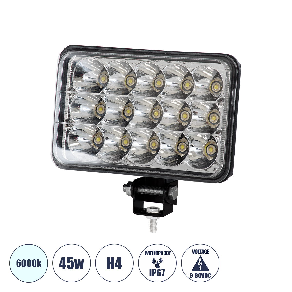 GloboStar® 85420 Vehicle & Forklift Work Lights – Φώτα Εργασίας για Οχήματα Περονοφόρα – Κλάρκ H4 H/L LED 45W DC 9-80V Αδιάβροχο IP67 Ψυχρό Λευκό 6000K Μ20.5 x Π13.5 x Υ6.5cm