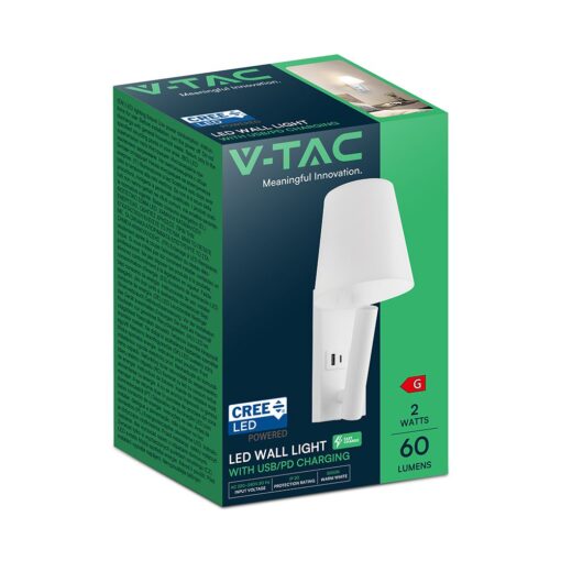 V-TAC – 240006 Φωτιστικό Κρεβατιού Τύπου Ξενοδοχείου Λευκό Cree Chip LED 2W 60lm 3000K με Θύρες Φόρτισης USB