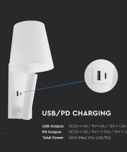 V-TAC – 240006 Φωτιστικό Κρεβατιού Τύπου Ξενοδοχείου Λευκό Cree Chip LED 2W 60lm 3000K με Θύρες Φόρτισης USB