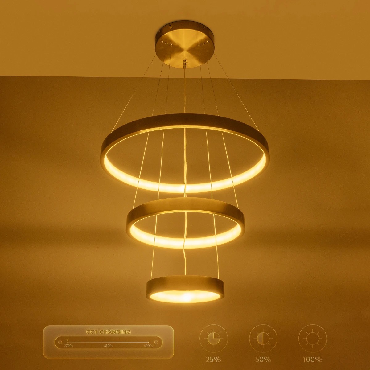 GLOBOSTAR® NEMESIS TRIO 61169-DECO Μοντέρνο Κρεμαστό Φωτιστικό Οροφής LED 100W 12123lm 360° AC 220-240V IP20 Ρυθμιζόμενο Λευκό CCT με Χειριστήριο από 2700K έως 6000K Dimmable – Lumileds SMD Chip – Χρυσό Βούρτσας – Μ60 x Π60 x Υ60cm – 3 Χρόνια Εγγύηση