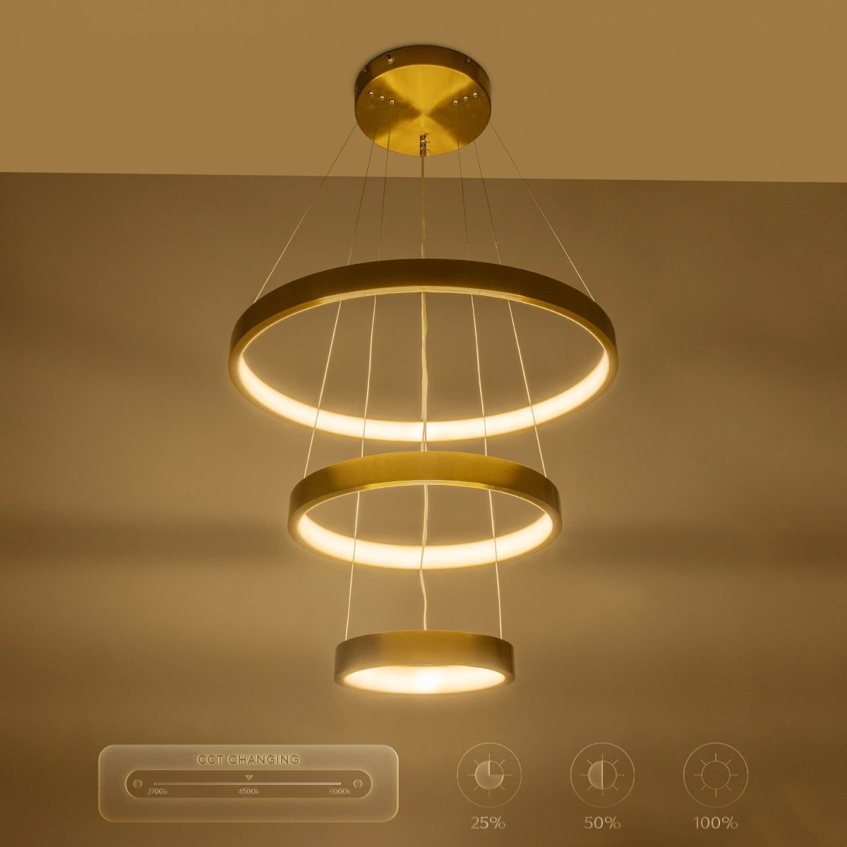 GLOBOSTAR® NEMESIS TRIO 61169-DECO Μοντέρνο Κρεμαστό Φωτιστικό Οροφής LED 100W 12123lm 360° AC 220-240V IP20 Ρυθμιζόμενο Λευκό CCT με Χειριστήριο από 2700K έως 6000K Dimmable – Lumileds SMD Chip – Χρυσό Βούρτσας – Μ60 x Π60 x Υ60cm – 3 Χρόνια Εγγύηση