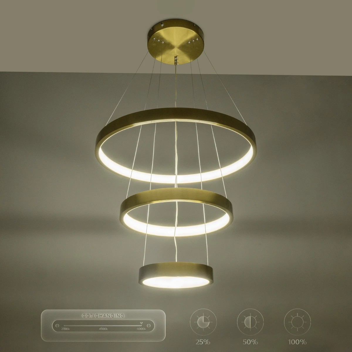 GLOBOSTAR® NEMESIS TRIO 61169-DECO Μοντέρνο Κρεμαστό Φωτιστικό Οροφής LED 100W 12123lm 360° AC 220-240V IP20 Ρυθμιζόμενο Λευκό CCT με Χειριστήριο από 2700K έως 6000K Dimmable – Lumileds SMD Chip – Χρυσό Βούρτσας – Μ60 x Π60 x Υ60cm – 3 Χρόνια Εγγύηση