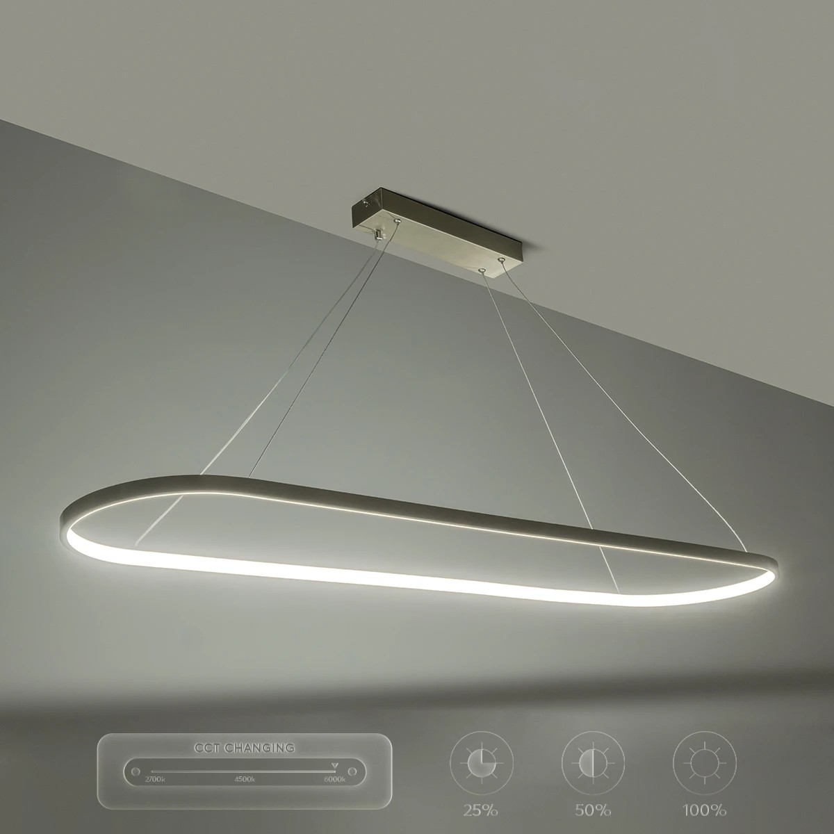 GLOBOSTAR® BOLIVAR 61273 Μοντέρνο Κρεμαστό Φωτιστικό Οροφής LED 54W 6210lm 360° AC 220-240V IP20 Ρυθμιζόμενο Λευκό CCT με Χειριστήριο από 2700K έως 6000K Dimmable – Lumileds SMD Chip – Νίκελ Βούρτσας – Μ120 x Π30 x Υ2cm – 3 Χρόνια Εγγύηση