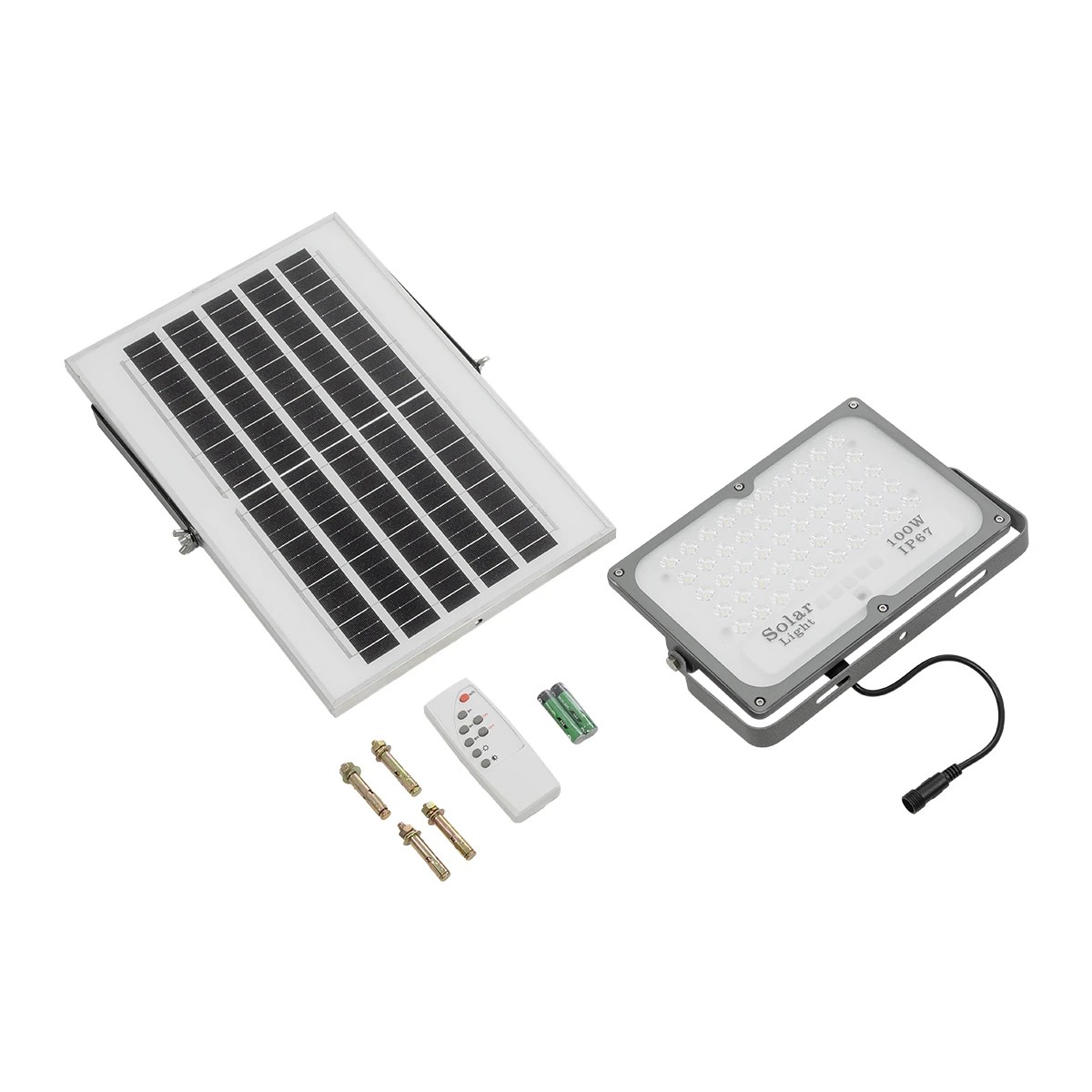 GLOBOSTAR® LUMOVOX 73067 Προβολέας LED 100W 5000lm 120° DC 5V με Φωτοβολταϊκό Panel 5V 8W & Επαναφορτιζόμενη Μπαταρία Li-ion 3.2V 5000mAh Αδιάβροχο IP67 Ψυχρό Λευκό 6000K – 120 x SMD2835 Sanan Chip – Γκρι Ανθρακί – Μ25 x Π5.5 x Υ17.5cm – 2 Χρόνια Εγγύηση