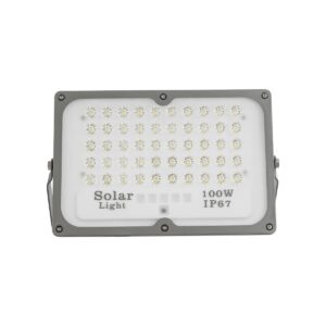 GLOBOSTAR® LUMOVOX 73067 Προβολέας LED 100W 5000lm 120° DC 5V με Φωτοβολταϊκό Panel 5V 8W & Επαναφορτιζόμενη Μπαταρία Li-ion 3.2V 5000mAh Αδιάβροχο IP67 Ψυχρό Λευκό 6000K – 120 x SMD2835 Sanan Chip – Γκρι Ανθρακί – Μ25 x Π5.5 x Υ17.5cm – 2 Χρόνια Εγγύηση