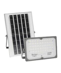 GLOBOSTAR® LUMOVOX 73067 Προβολέας LED 100W 5000lm 120° DC 5V με Φωτοβολταϊκό Panel 5V 8W & Επαναφορτιζόμενη Μπαταρία Li-ion 3.2V 5000mAh Αδιάβροχο IP67 Ψυχρό Λευκό 6000K – 120 x SMD2835 Sanan Chip – Γκρι Ανθρακί – Μ25 x Π5.5 x Υ17.5cm – 2 Χρόνια Εγγύηση