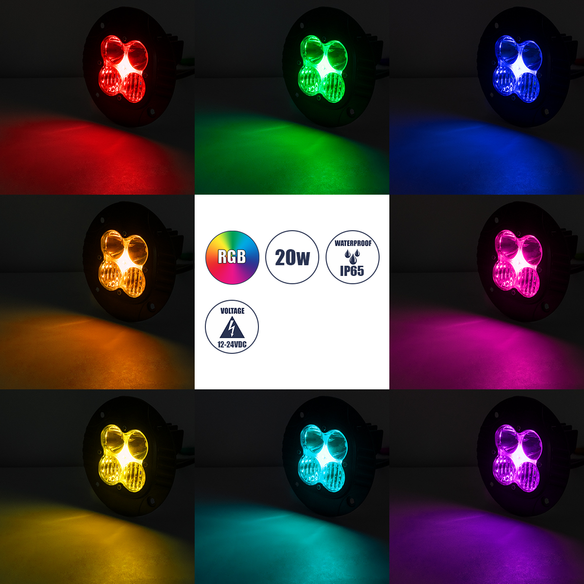 GloboStar® 85444 PRO Series Χωνευτός Προβολέας Εργασίας – Φώτα Ημέρας – Working Light – DRL για Αυτοκίνητα & Φορτηγά LED CREE XBD 20W 2000lm DC 10-30V Αδιάβροχο IP65 Ψυχρό Λευκό 6000K & RGB