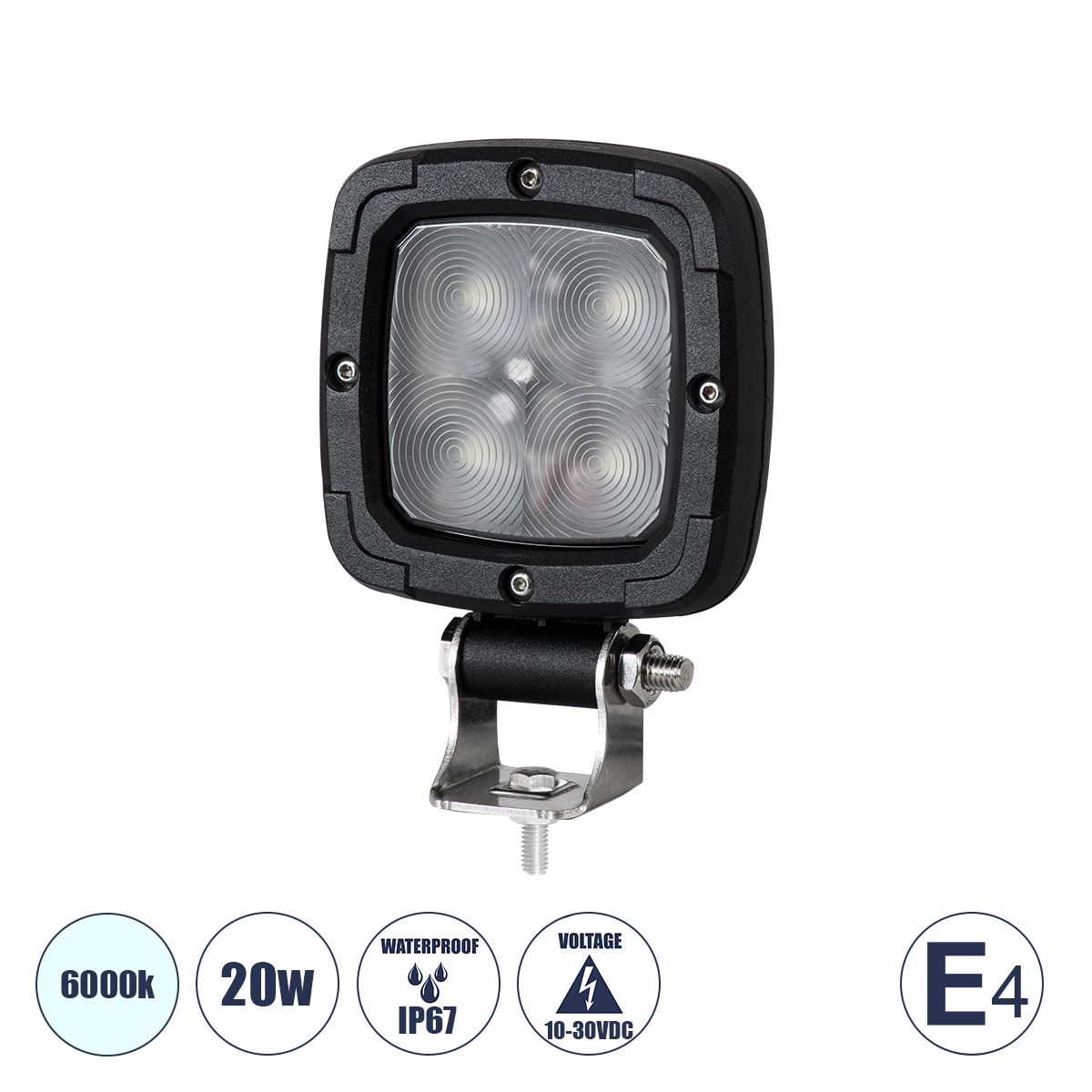 GloboStar® 85427 E4 Mark Vehicle & Forklift Work Lights – Φώτα Εργασίας για Οχήματα Περονοφόρα – Κλάρκ LED 20W DC 10-30V Αδιάβροχο IP67 Ψυχρό Λευκό 6000K Μ14 x Π9.5 x Υ3cm