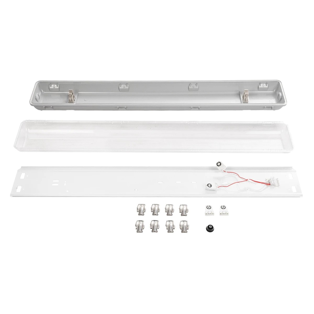 GLOBOSTAR® VIGAS 999-0250 Γραμμικό Βιομηχανικό Φωτιστικό Σκαφάκι Tri-Proof με Μεταλλικά Clips για 2 x Λάμπες T8 G13 90cm Τύπου Φθορίου LED Τροφοδοσίας Ενός Άκρου 120° AC 220-240V Αδιάβροχο IP65 – Γκρι με Διάφανο Κάλυμμα Πλαστικό PC – Μ100 x Π15 x Υ10cm