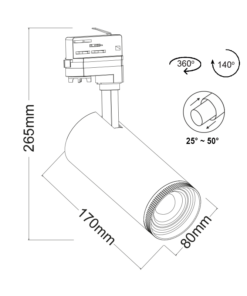 WHITE LED COB TRACK LUMINAIRE AIMY 30W 4000K 4WIRES 25-50° 3100LM 230V Ra80 ACA – AIMY3040W4