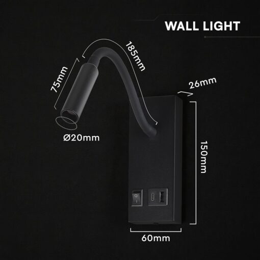 LED Φωτιστικό Ανάγνωσης Κρεβατιού Μαύρο V-TAC Cree Chip με Type-C Θύρα Φόρτισης 3000K V-TAC – 241516