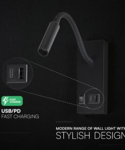 LED Φωτιστικό Ανάγνωσης Κρεβατιού Μαύρο V-TAC Cree Chip με Type-C Θύρα Φόρτισης 3000K V-TAC – 241516