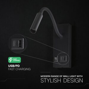 LED Φωτιστικό Ανάγνωσης Κρεβατιού Μαύρο V-TAC Cree Chip με Type-C Θύρα Φόρτισης 3000K V-TAC – 241516