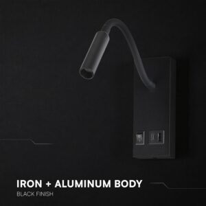 LED Φωτιστικό Ανάγνωσης Κρεβατιού Μαύρο V-TAC Cree Chip με Type-C Θύρα Φόρτισης 3000K V-TAC – 241516