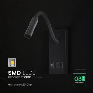 LED Φωτιστικό Ανάγνωσης Κρεβατιού Μαύρο V-TAC Cree Chip με Type-C Θύρα Φόρτισης 3000K V-TAC – 241516