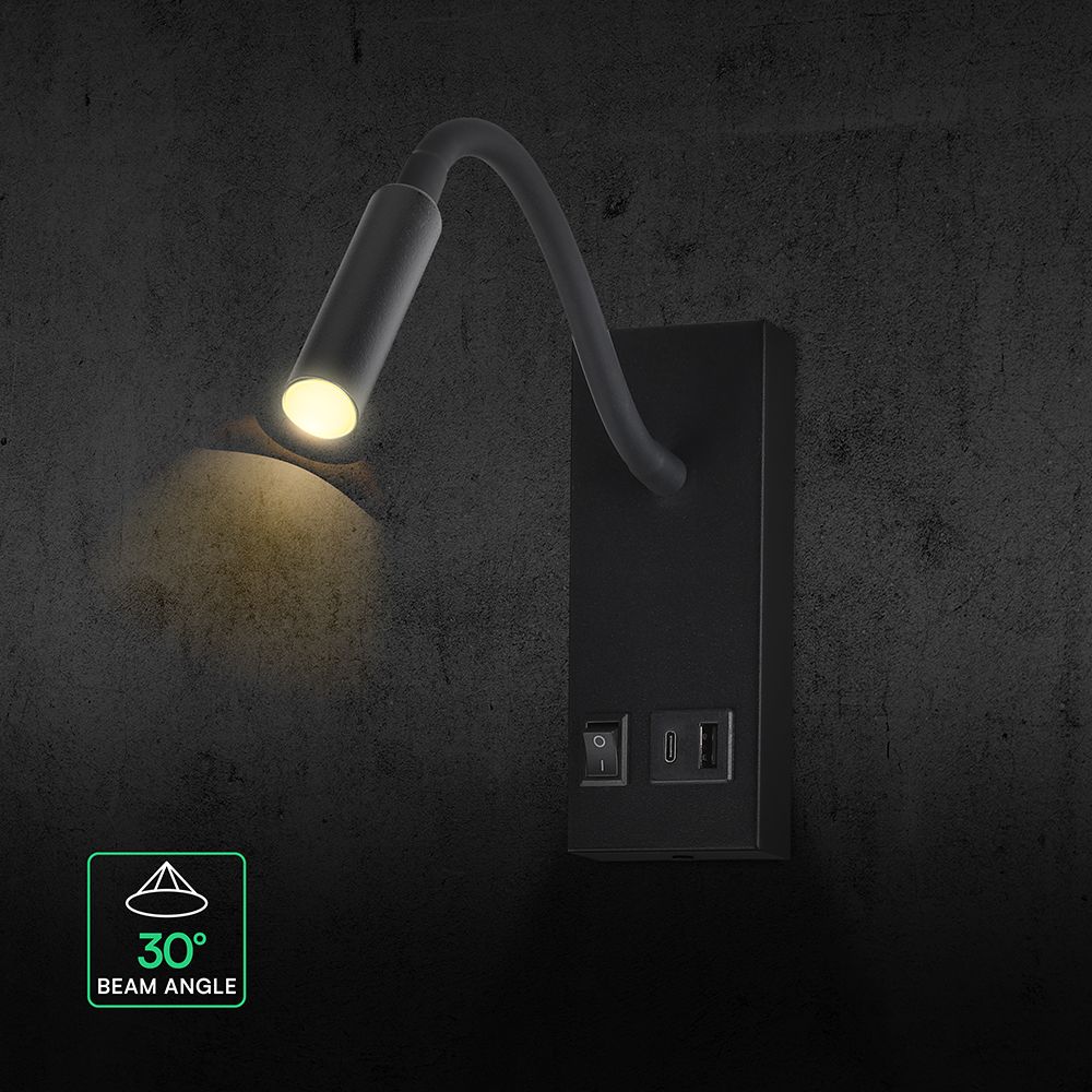 LED Φωτιστικό Ανάγνωσης Κρεβατιού Μαύρο V-TAC Cree Chip με Type-C Θύρα Φόρτισης 3000K V-TAC – 241516