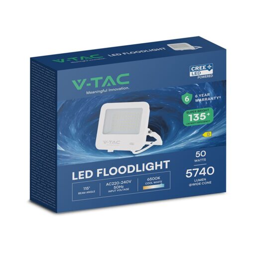 50W LED Floodlight CREE CHIP White Body Grey Glass 6500K 135LM/W V-TAC – 242096