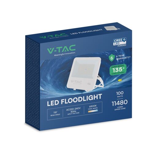 100W LED Floodlight CREE CHIP White Body Grey Glass 6500K 135LM/W V-TAC – 242116
