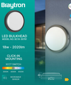 Απλίκα led “Bulkhead” 18w IP65 2020lm CCT, με ανίχνευση κίνησης Μαύρη Braytron – BC18-30781