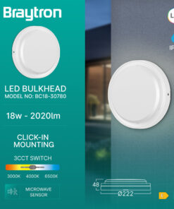 Απλίκα led “Bulkhead” 18w IP65 2020lm CCT, με ανίχνευση κίνησης Λευκή Braytron – BC18-30780
