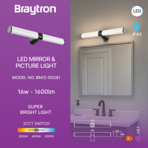 Φωτιστικό καθρέπτου “Lily” IP44 3CCT 16w 1600lm Μαύρο Braytron – BN12-00281