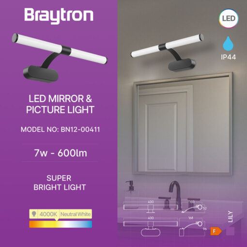 Φωτιστικό καθρέπτου “Lily” IP44 4000k 7w 600lm Μαύρο Braytron – BN12-00411