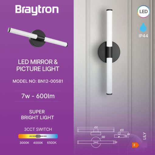 Φωτιστικό καθρέπτου “Lily” IP44 3CCT 7w 600lm Μαύρο Braytron – BN12-00581