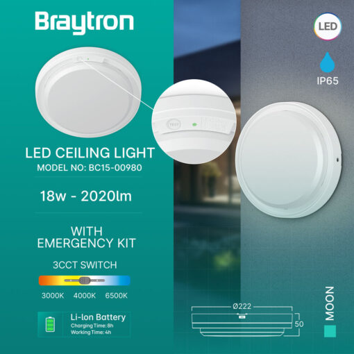Πλαφονιέρα led “Moon” 18w 3CCT 2000lm IP65 με ανίχνευση κίνησης και ασφαλείας Braytron – BC15-00980