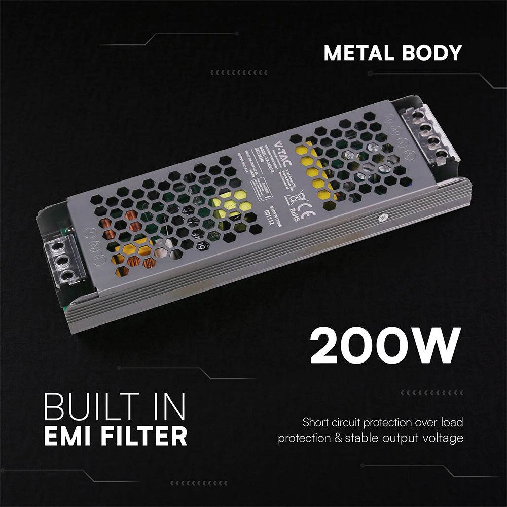 Τροφοδοτικό SLIM για LED 200W 24V 8.25A IP20 Μεταλλικό V-TAC 24240VT