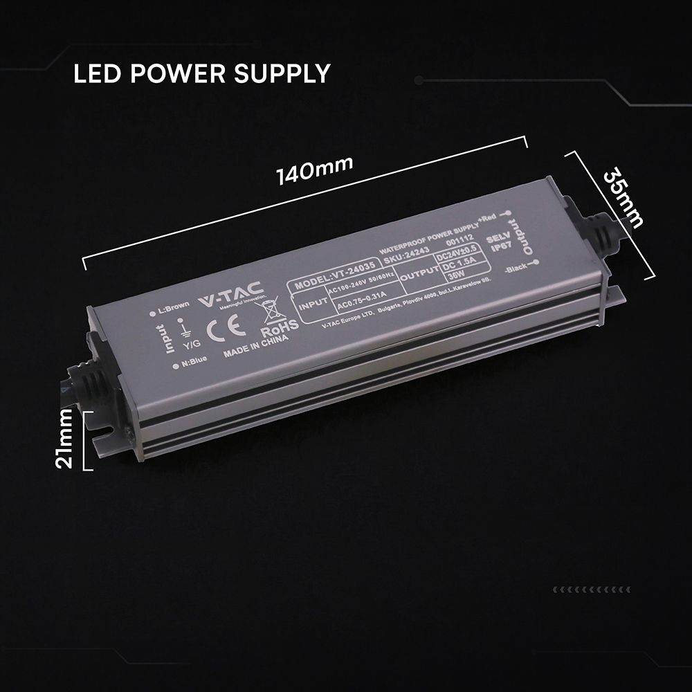 Τροφοδοτικό V-TAC για LED 36W 24V 1.5A IP67 Αδιάβροχο Μεταλλικό 24243VT