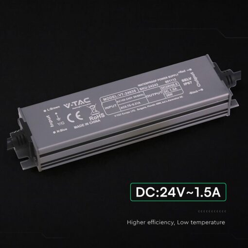 Τροφοδοτικό V-TAC για LED 36W 24V 1.5A IP67 Αδιάβροχο Μεταλλικό 24243VT
