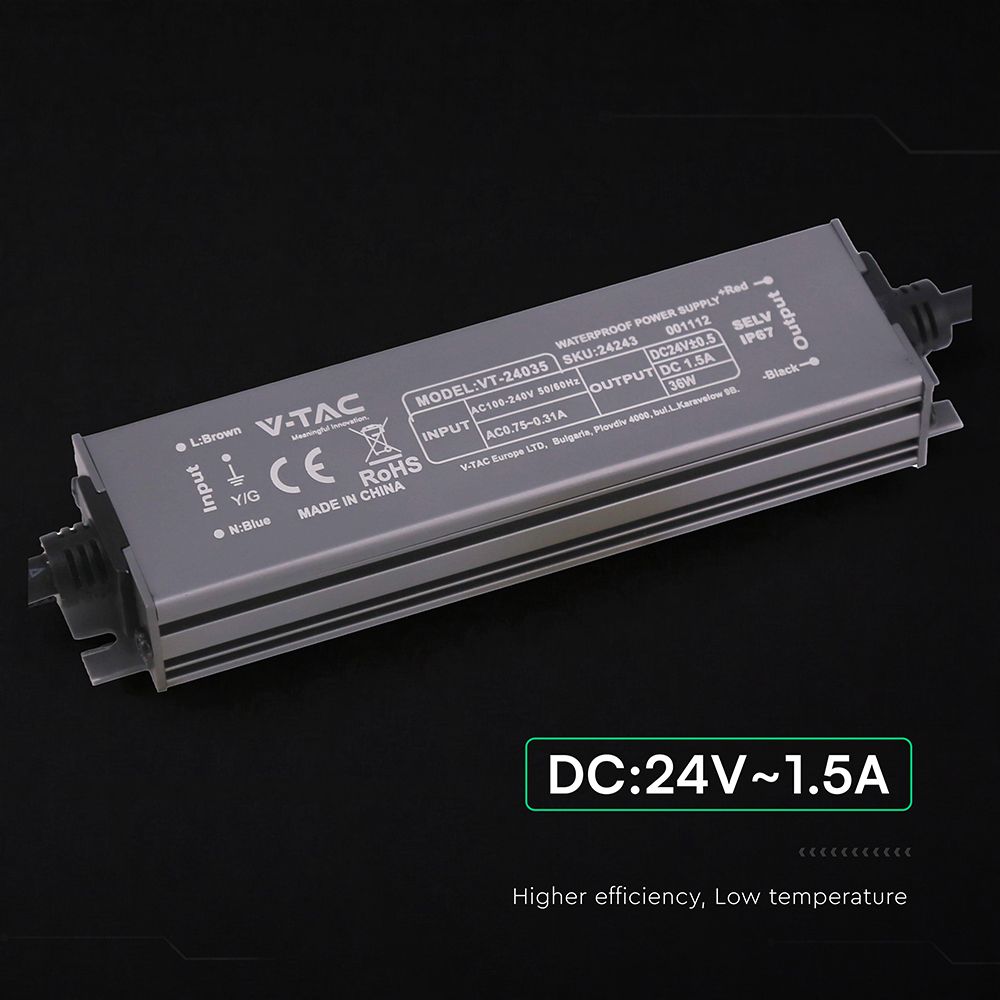 Τροφοδοτικό V-TAC για LED 36W 24V 1.5A IP67 Αδιάβροχο Μεταλλικό 24243VT
