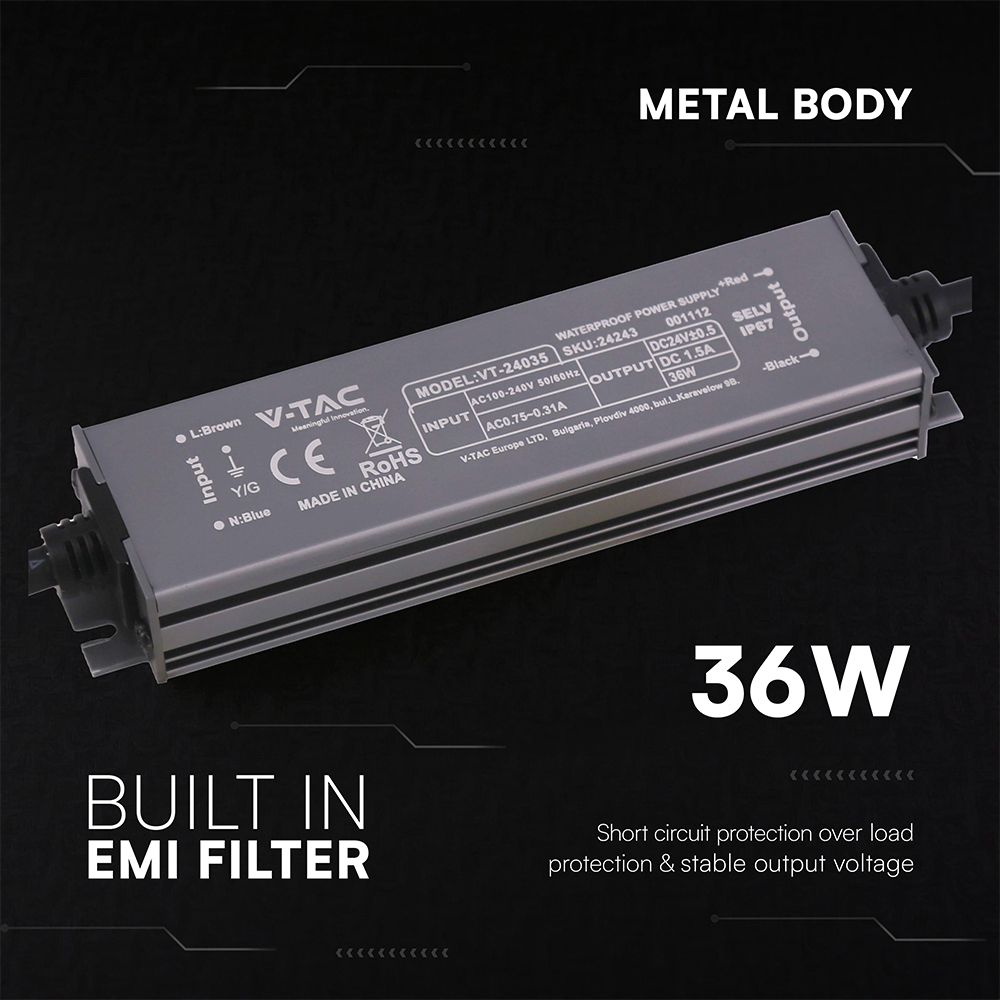 Τροφοδοτικό V-TAC για LED 36W 24V 1.5A IP67 Αδιάβροχο Μεταλλικό 24243VT