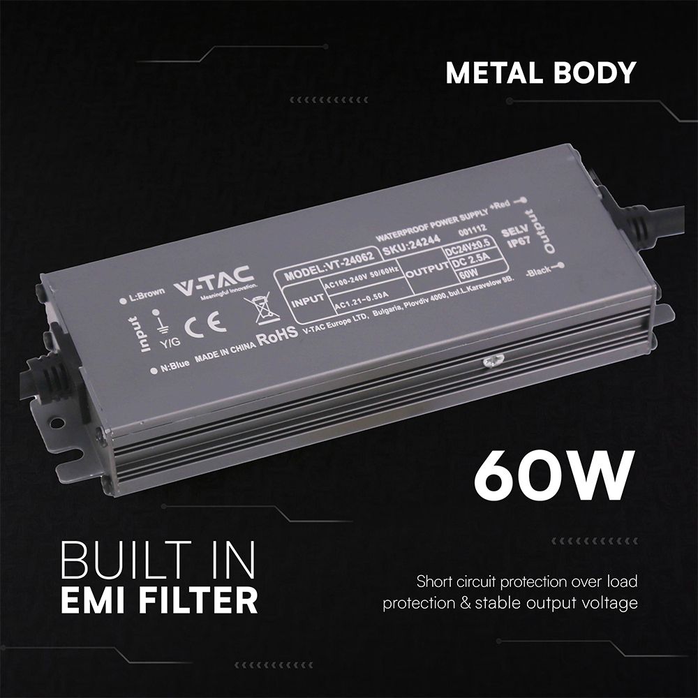 Τροφοδοτικό V-TAC για LED 60W 24V 12.5A IP67 Αδιάβροχο Μεταλλικό 24244VT