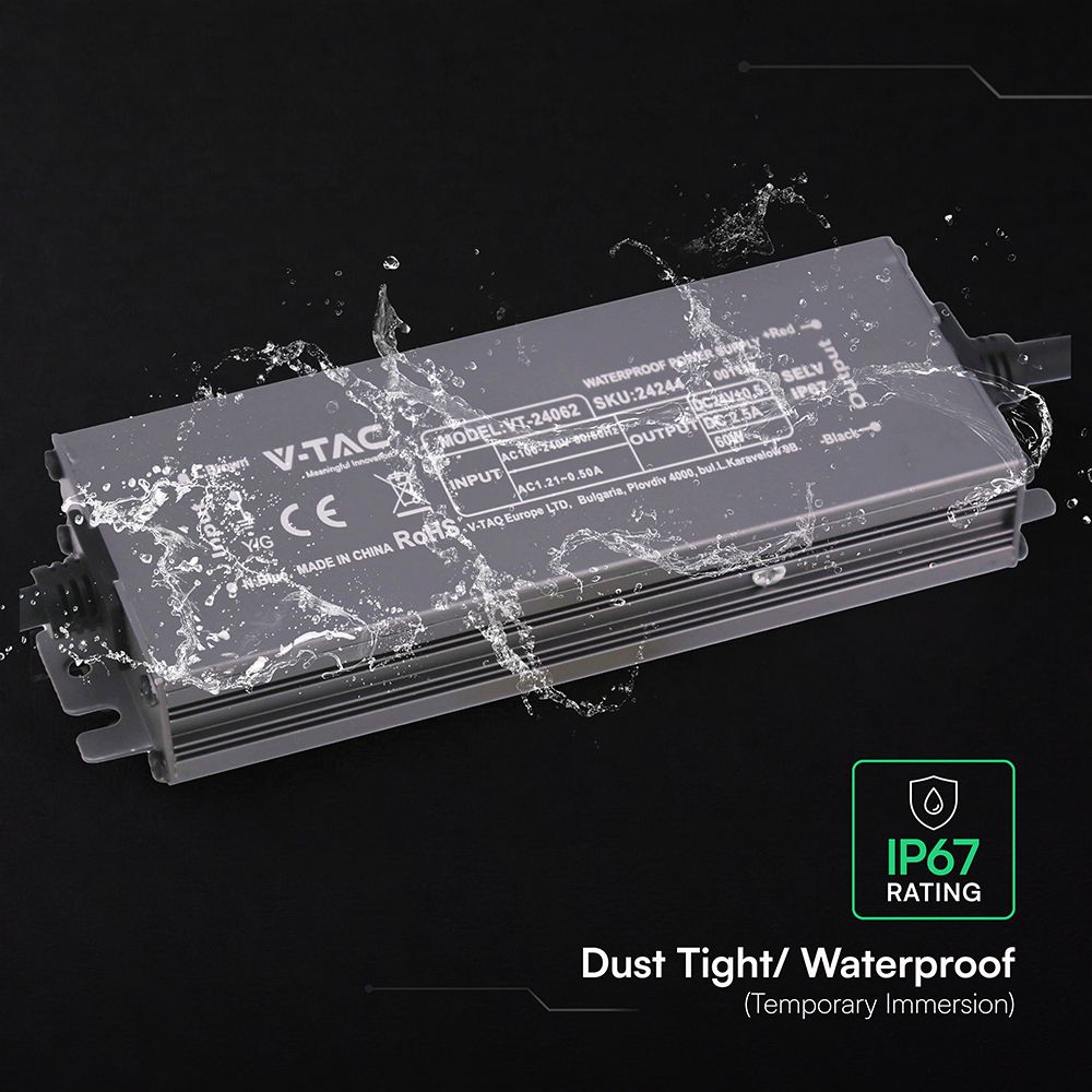 Τροφοδοτικό V-TAC για LED 60W 24V 12.5A IP67 Αδιάβροχο Μεταλλικό 24244VT