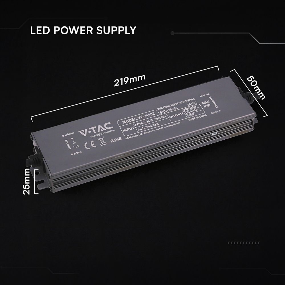 Τροφοδοτικό V-TAC για LED 100W 24V 4.5A IP67 Αδιάβροχο Μεταλλικό 24245VT