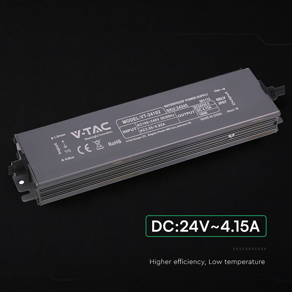 Τροφοδοτικό V-TAC για LED 100W 24V 4.5A IP67 Αδιάβροχο Μεταλλικό 24245VT