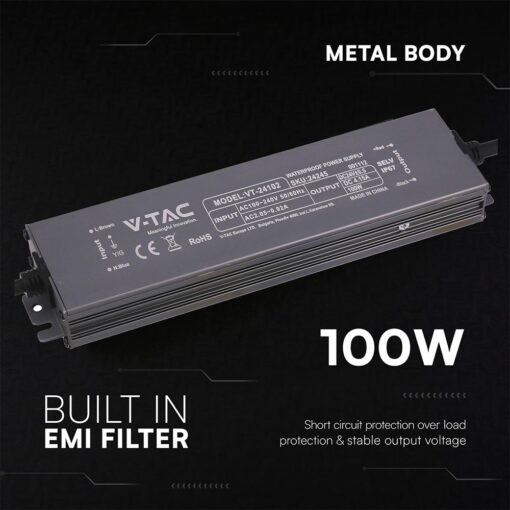 Τροφοδοτικό V-TAC για LED 100W 24V 4.5A IP67 Αδιάβροχο Μεταλλικό 24245VT