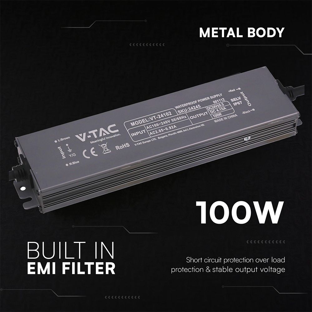 Τροφοδοτικό V-TAC για LED 100W 24V 4.5A IP67 Αδιάβροχο Μεταλλικό 24245VT