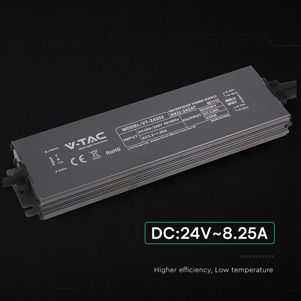 Τροφοδοτικό V-TAC για LED 200W 24V 8.25A IP67 Αδιάβροχο Μεταλλικό 24247VT