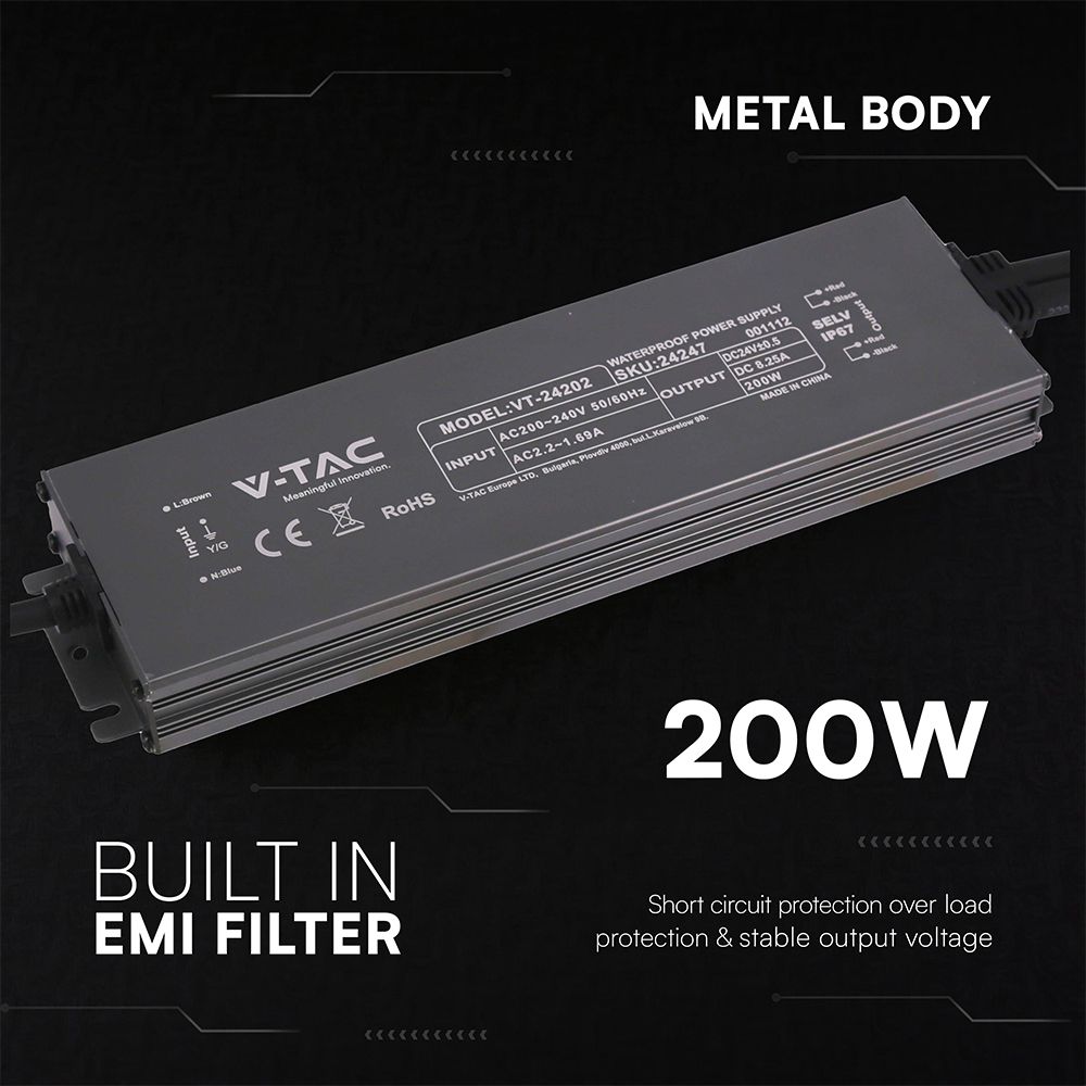 Τροφοδοτικό V-TAC για LED 200W 24V 8.25A IP67 Αδιάβροχο Μεταλλικό 24247VT