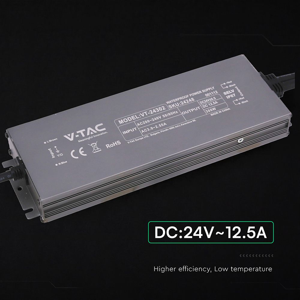 Τροφοδοτικό V-TAC για LED 300W 24V 12.5A IP67 Αδιάβροχο Μεταλλικό 24248VT