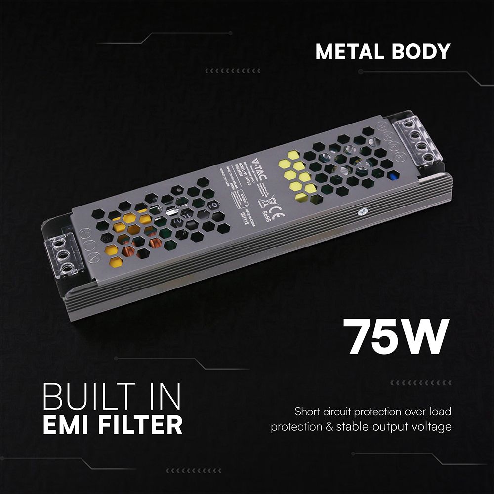 SLIM Power Supply – 75W 12V 6.25A IP20 V-TAC 24256VT