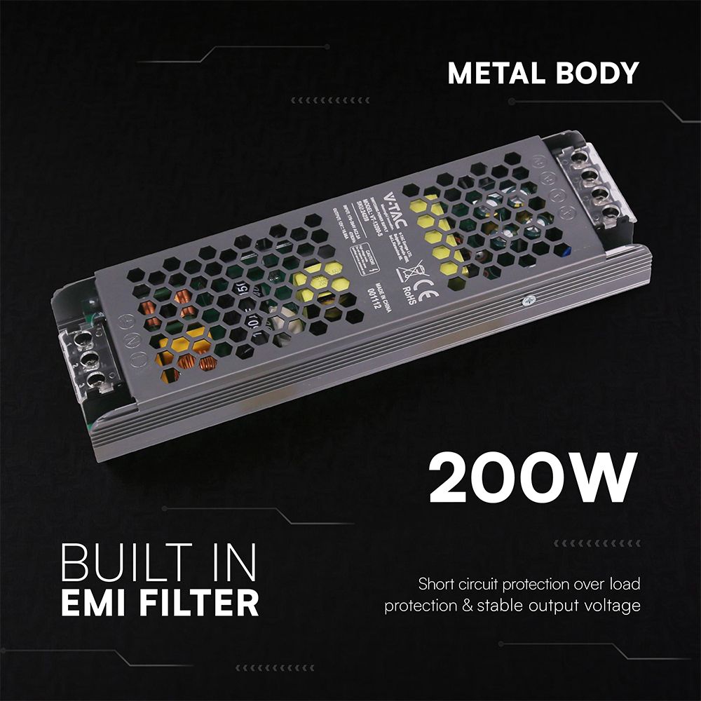 Τροφοδοτικό SLIM για LED 200W 12V 16.5A IP20 Μεταλλικό V-TAC 24259VT