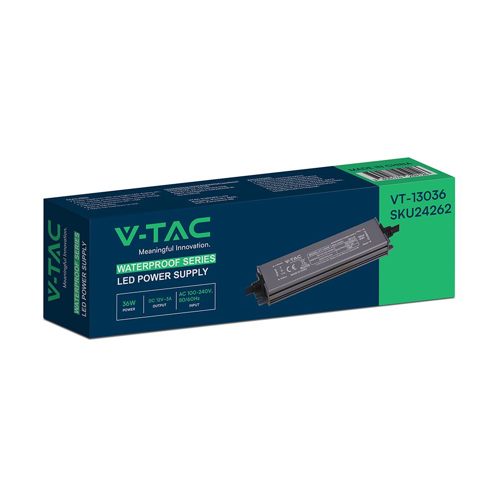 Τροφοδοτικό V-TAC για LED 36W 12V 3A IP67 Αδιάβροχο Μεταλλικό 24262VT
