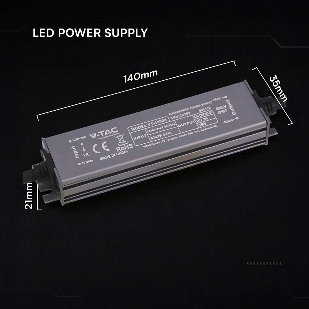 Τροφοδοτικό V-TAC για LED 36W 12V 3A IP67 Αδιάβροχο Μεταλλικό 24262VT